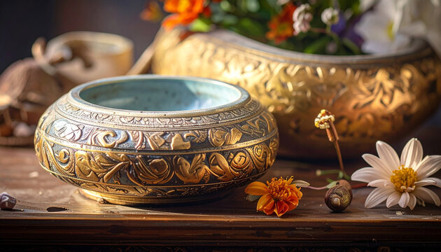 Ornate gilded bowl with flowers on rustic table