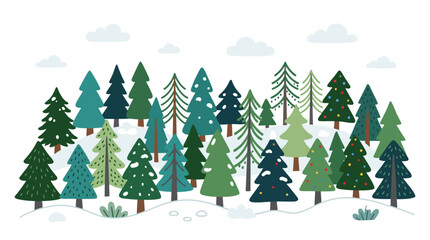 Fototapeta premium Flat illustration of a snowy evergreen pine forest.