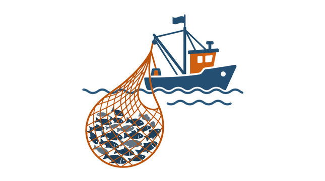 Fishing trawler boat hauling a large net of fish.