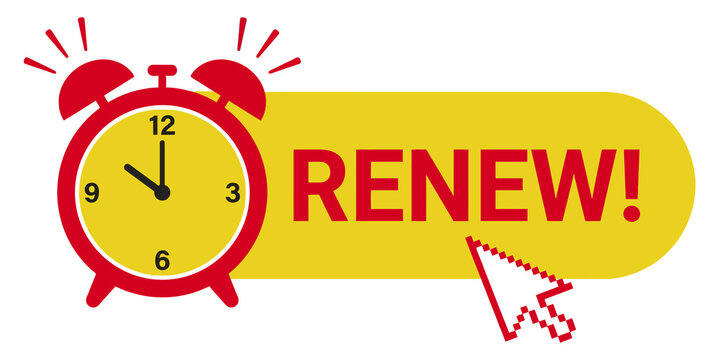 Red alarm clock and computer cursor on yellow button saying Renew on transparent background