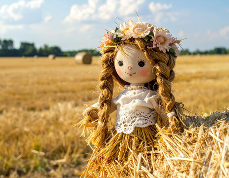 Straw doll with flower crown in field