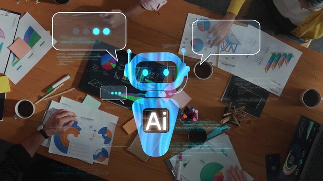 A diverse group of professionals engaged in a meeting with a robot assistant showcasing AI technology. Bright workspace, interactive charts, and collaborative spirit highlighted. Raster