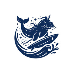 Stylized narwhal surfing on a large ocean wave. © Zaya