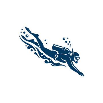 Scuba diver swimming underwater silhouette mascot vector logo.