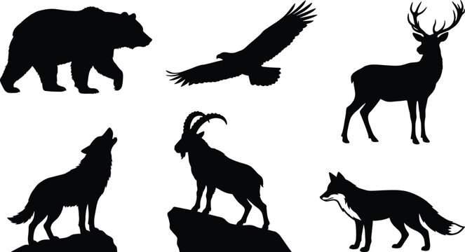 European forest and mountain wildlife silhouette collection featuring grizzly bear eagle stag deer howling wolf ibex and fox isolated on white background