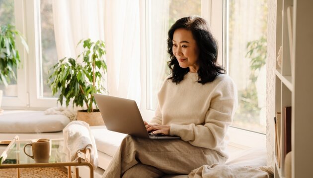 Woman Sitting on Sofa Using Laptop in Living Room with Natural Light