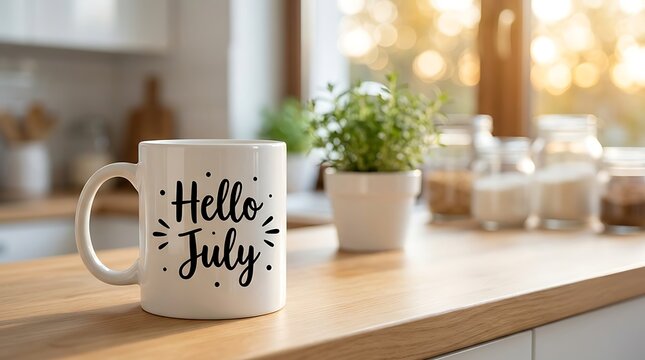 White mug with hello july text on countertop with blurred kitchen background and sunlight streaming through window.