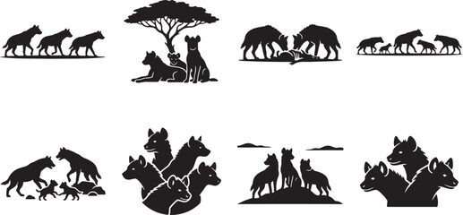 Black silhouette collection of hyena packs in the african safari savanna hunting and gathering near trees © HM