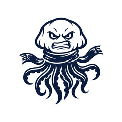Grumpy octopus monster mascot with tentacles and scarf. © Zapheline