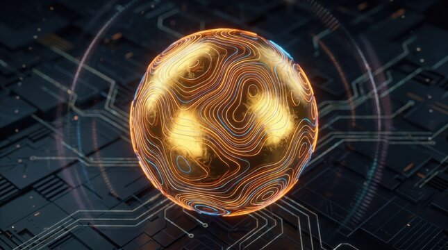 Golden swirling sun sphere texture with glowing topographic lines, abstract technology background design for backdrop wallpaper