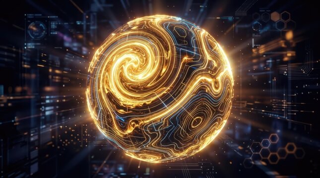 Golden swirling sun sphere texture with glowing topographic lines, abstract technology background design for backdrop wallpaper