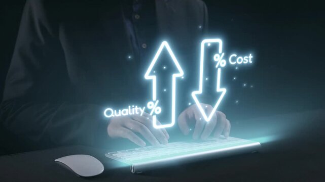 A visually striking image featuring hands typing on a keyboard with illuminated indicators for quality and cost, symbolizing digital business analysis and strategic decision-making. Qubit