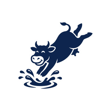 Playful cow character jumping into a water splash.