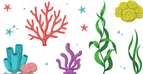 Underwater Coral Reef Flora and Plant Vector Set with Seaweed, Kelp, Sea Anemone, Starfish, and Brain Coral Elements Isolated on White Background © Abul