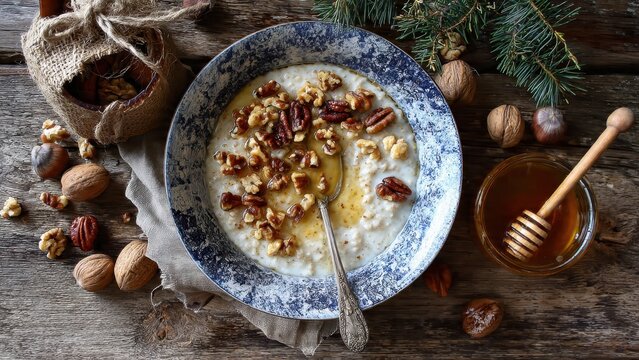 Gourmet Oat Porridge with Roasted Walnuts and Organic Honey Drizzle in Ceramic Bowl on Rustic Table with Winter Pine Accents and Vintage Silver Spoon for Breakfast Background