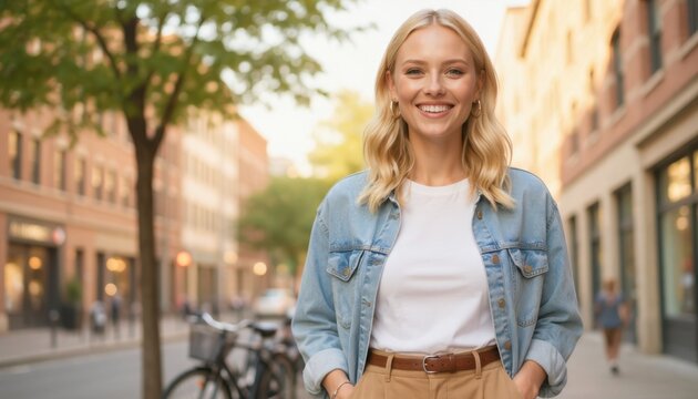 Smiling young woman standing outdoors in urban street setting during daytime