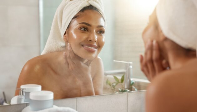 Young woman with towel wrapped hair enjoying skincare routine in bathroom mirror