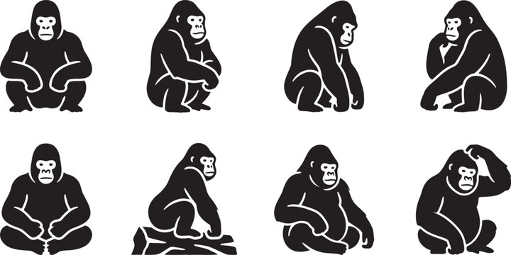 Black silhouette collection of wild gorillas sitting on the ground thinking and reflecting in deep contemplation