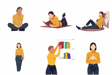 Fototapeta premium Set of flat vector illustrations of a young woman reading books, studying, and relaxing at home wearing a yellow sweater