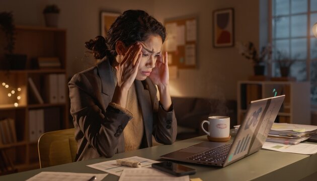 Businesswoman with Headache Working on Laptop in Office at Night
