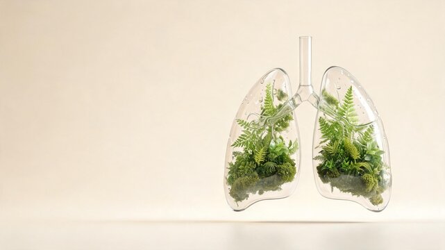Transparent glass lungs with tiny green botanical forest inside suspended in bright minimalist studio
