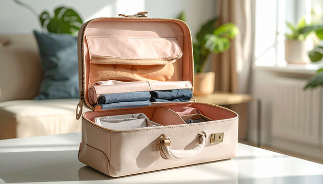 Pink cosmetic bag with beauty products open