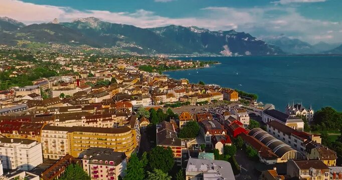 Aerial view of Vevey city in western Switzerland on the shores of Lake Geneva