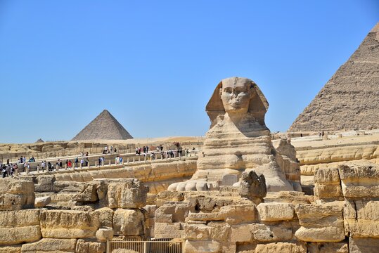 The Great Sphinx of Giza is a sphinx statue located in the Giza pyramids area in Cairo,the capital of Egypt.It is the largest single-stone statue in the world, measuring 73.5 meters long and 20 meters