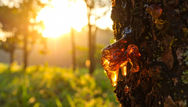 Tree resin dripping at sunset in nature
