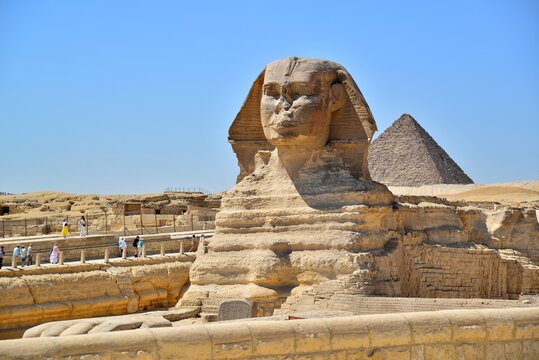 The Great Sphinx of Giza is a sphinx statue located in the Giza pyramids area in Cairo,the capital of Egypt.It is the largest single-stone statue in the world, measuring 73.5 meters long and 20 meters