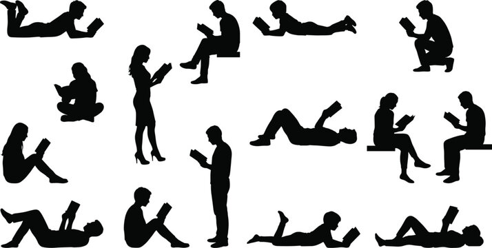 Black silhouette collection of men and women reading books in various positions isolated on white background