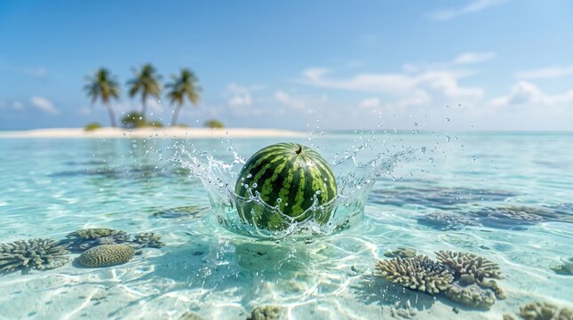 Vibrant Watermelon Splashing into Turquoise Tropical Ocean Water with Palm Island Background; Refreshing Summer Travel, Health and Wellness Concept Scene.