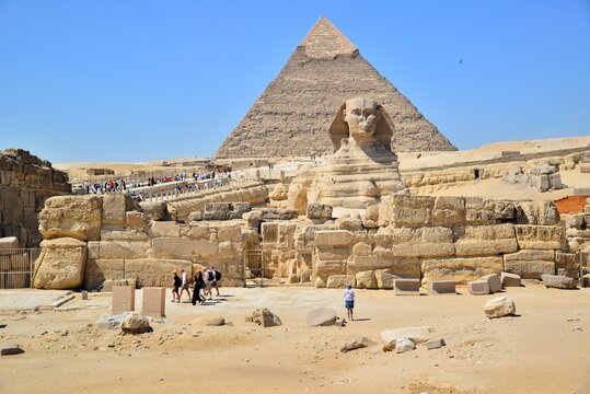 The Great Sphinx of Giza is a sphinx statue located in the Giza pyramids area in Cairo,the capital of Egypt.It is the largest single-stone statue in the world, measuring 73.5 meters long and 20 meters