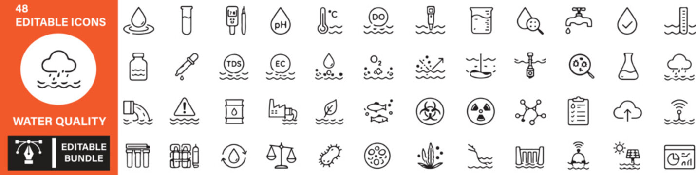 Water Quality Monitor Vector Icons Set &ndash; Water Testing, pH Sensor, Purity Analysis, Environmental Monitoring Outline Icon Collection