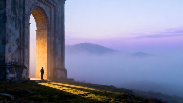 Person standing in archway with misty mountains