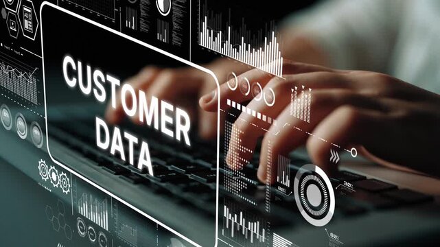 Hands Typing on Keyboard with Overlay of Customer Data and Graphical Interface Elements in a Modern Digital Environment. Asymptotic smart data analytic.