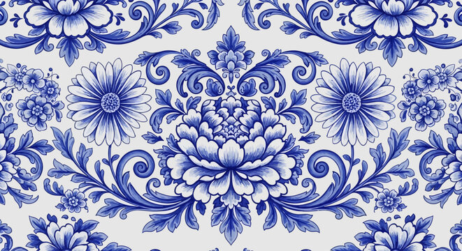 Blue floral pattern, decorative border design, traditional dutch tiles