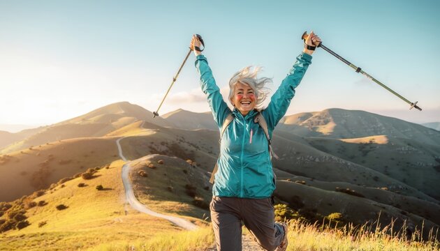 Joyful elderly woman celebrating victory in mountain landscape during hike