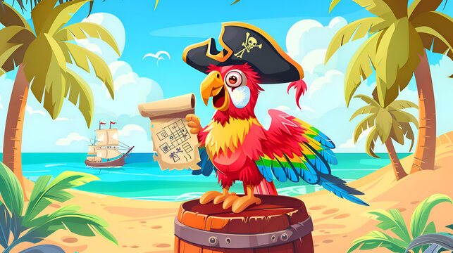 Colorful pirate parrot with treasure map on tropical beach adventure