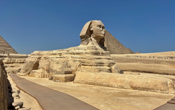 The Great Sphinx of Giza is a sphinx statue located in the Giza pyramids area in Cairo,the capital of Egypt.It is the largest single-stone statue in the world, measuring 73.5 meters long and 20 meters