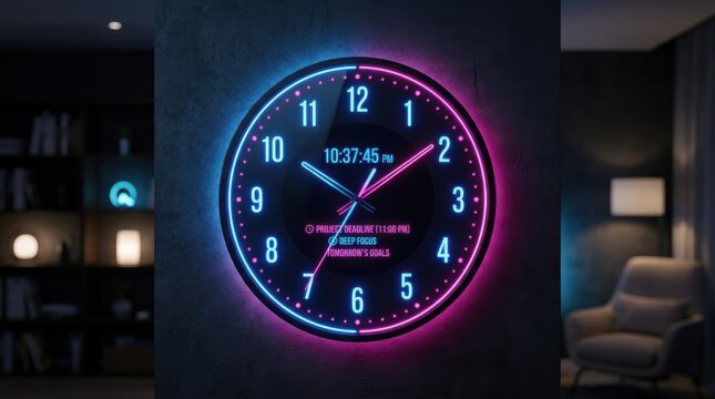 Neon wall clock glowing blue and pink for a modern time and futuristic schedule concept. This minimal circle clock features time