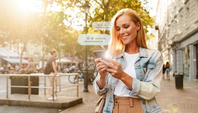 Smiling woman using smartphone outdoors in park with speech bubbles and warm sunlight