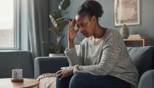 Woman Sitting on Couch Holding Head in Stress in Modern Living Room