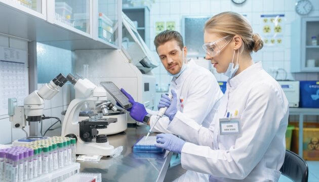 Scientists Conducting Laboratory Tests Using Microscope and Equipment