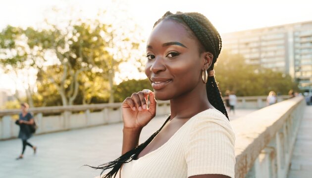 Smiling African Woman with Braided Hair and Hoop Earrings Outdoors