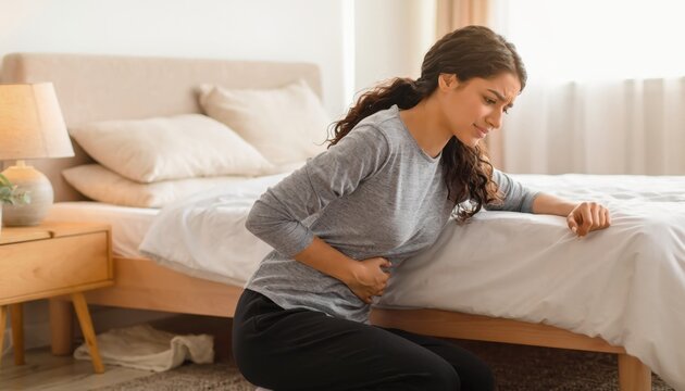 Woman Experiencing Stomach Pain Sitting by Bed in Bedroom Scene