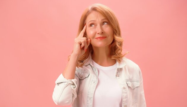 Woman Thinking with Hand on Temple and Smiling Against Pink Background