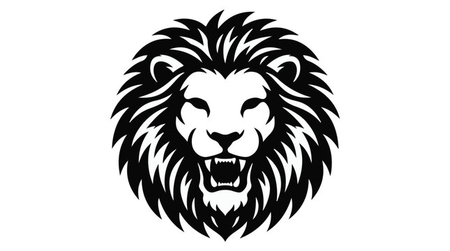 Fierce lion head illustration in black and white, roaring animal face with mane, wildlife art for design and decoration