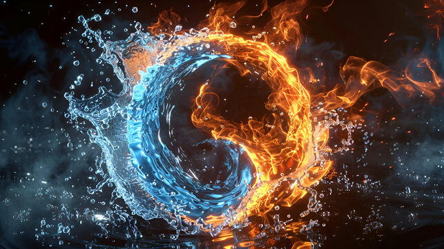 Dynamic fusion of fire and water creating a yin-yang symbol in motion
