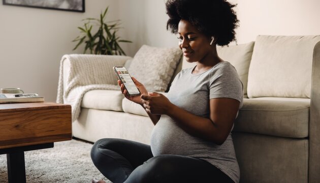 Pregnant woman using smartphone while relaxing at home on sofa